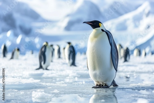 A group of Emperor penguins standing together on top of a vast expanse of ice in their natural habitat  An icy Antarctic landscape with emperor penguins  AI Generated