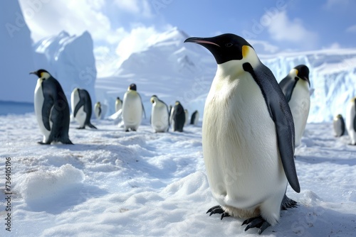 A large group of Emperor Penguins standing upright in the snow, their black and white feathers contrasting against the white landscape, An icy Antarctic landscape with emperor penguins, AI Generated