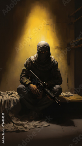 Solitary Figure Shrouded in Shadows Holding a Rifle Under Mysterious Light. Concept of the fight against terrorism or anti-terrorism.
