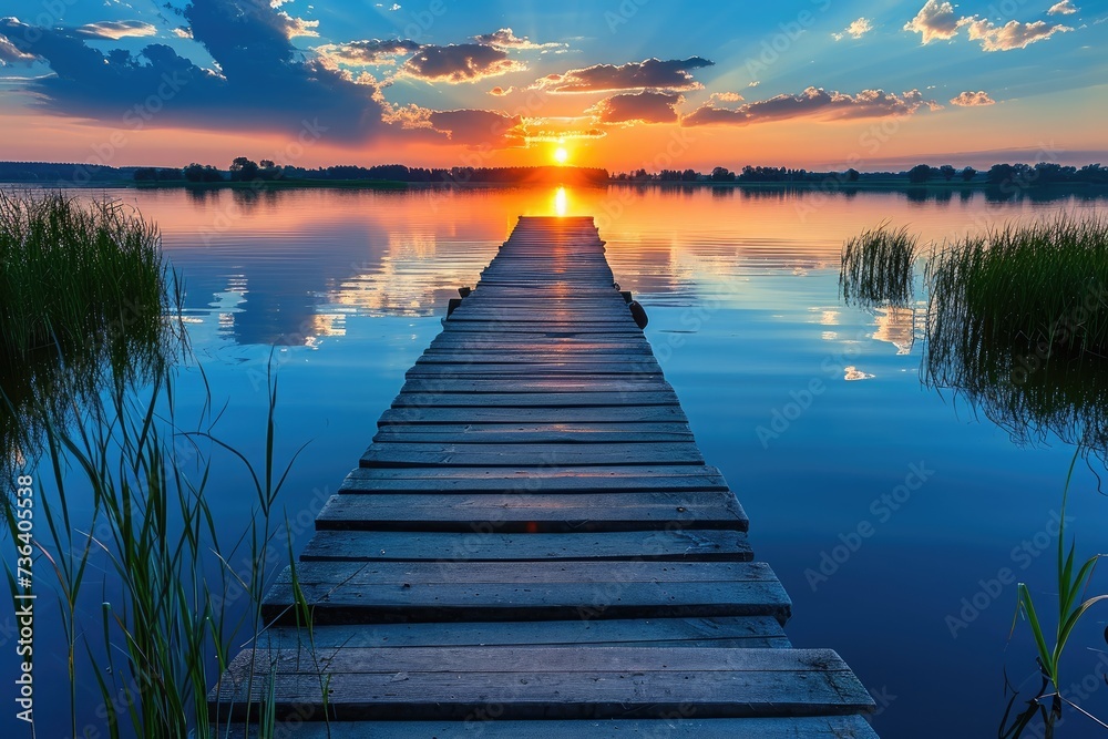 A wooden dock partially submerged in calm waters near the scenic lakeside, An idyllic summer sunset over a calm lake with a wooden dock, AI Generated