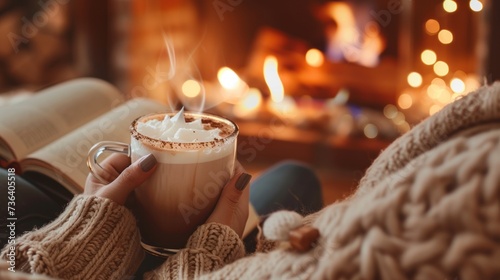 Cozy Evening with a Warm Drink by the Fireplace