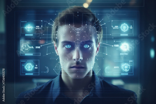 Futuristic Interface Surrounding Young Man Showing Advanced Biometric Scanning System Technology. Face detection.