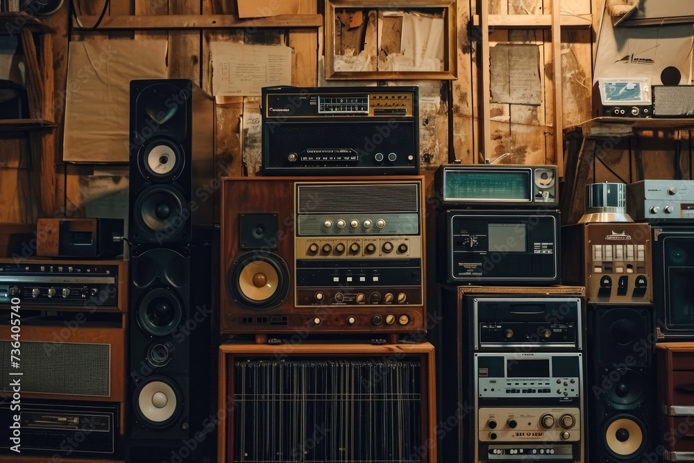 Assorted Electronic Equipment Displayed on a Wall, An image featuring vintage radio equipment to capture the essence of an oldies music podcast, AI Generated