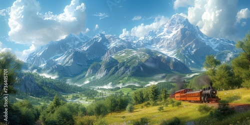 Ancient Trains Passes In a vast meadow with Mountains in the background