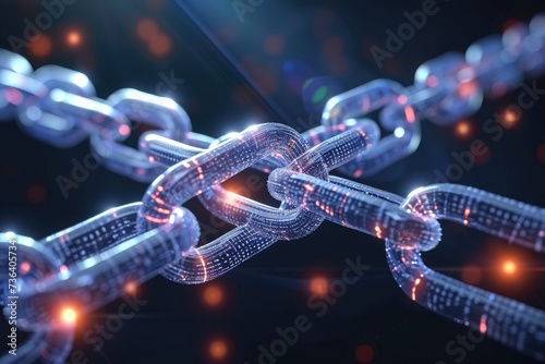 A detailed view of a strong steel chain captured against a black background, An image depicting the transparency element of blockchain, AI Generated