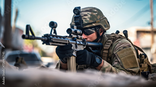 Soldier in Combat Gear Aiming Rifle with Precision During Urban Military Operation. Concept of the fight against terrorism or anti-terrorism. © zakiroff