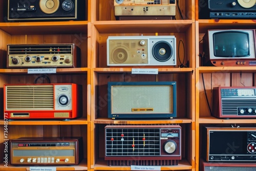 Vintage Radio Collection Displayed on a Shelf, An image featuring vintage radio equipment to capture the essence of an oldies music podcast, AI Generated