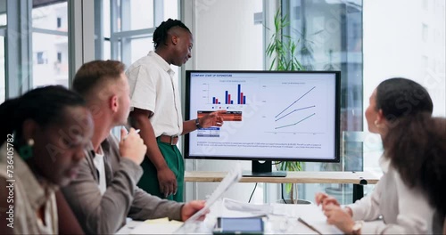 Business people, black man or screen for graphs presentation and data analysis for growth charts. Sale infographics, financial statistics or African speaker teaching on budget on monitor in meeting photo