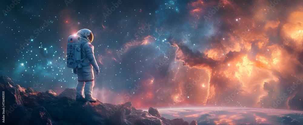 An astronaut stands on a distant planet looking at the beautiful scenery and wonderland, background, universe and space, beauty. Generative AI.