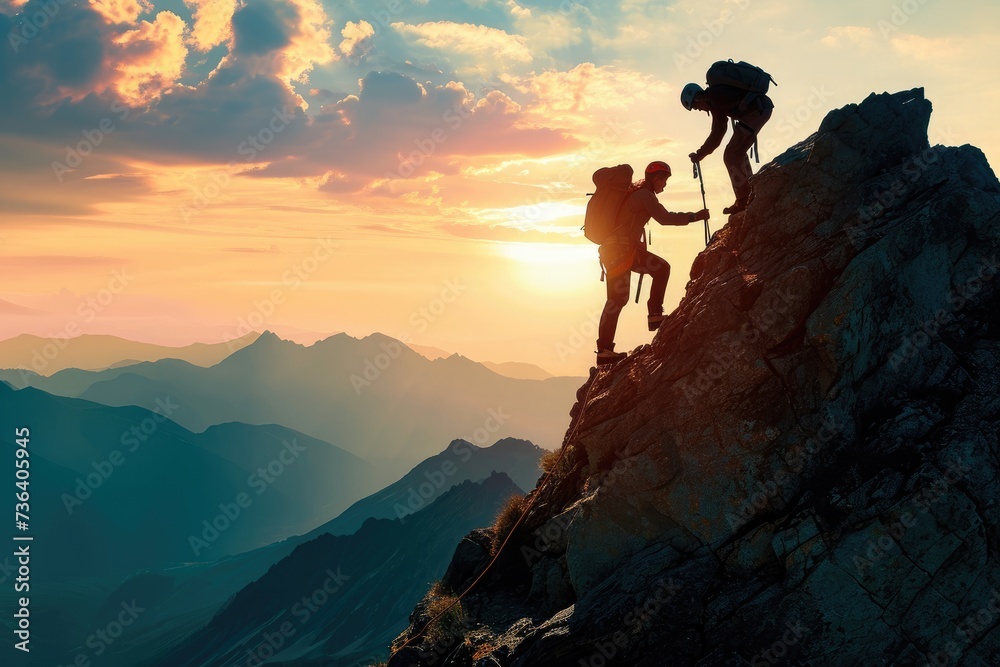 A photo capturing two individuals ascending the steep face of a towering mountain, An image of a supportive friend assisting in a mountain climb, AI Generated - obrazy, fototapety, plakaty 