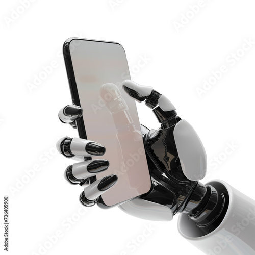 Robotic hand holding clean phone isolated on transparent background