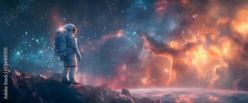 An astronaut stands on a distant planet looking at the beautiful scenery and wonderland  background  universe and space  beauty. Generative AI.