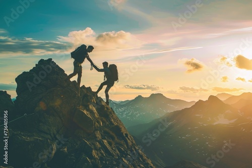 Two individuals ascend a mountain during sunset, demonstrating strength and determination, An image of a supportive friend assisting in a mountain climb, AI Generated © Iftikhar alam