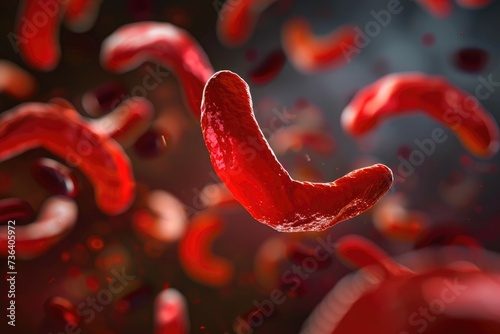 Multiple red blood cells float weightlessly in the air, An image representing the sickle-shaped blood cells found in sickle cell anemia, AI Generated