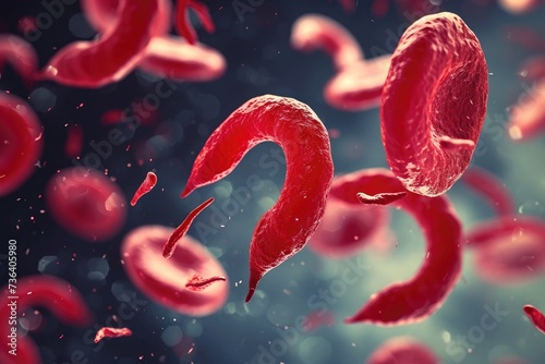 A close-up photo capturing a group of red blood cells suspended and floating mid-air, An image representing the sickle-shaped blood cells found in sickle cell anemia, AI Generated photo