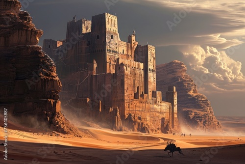 A barren desert stretching into the horizon, featuring a castle in the distance, An imaginative concept of a desert fortress, AI Generated
