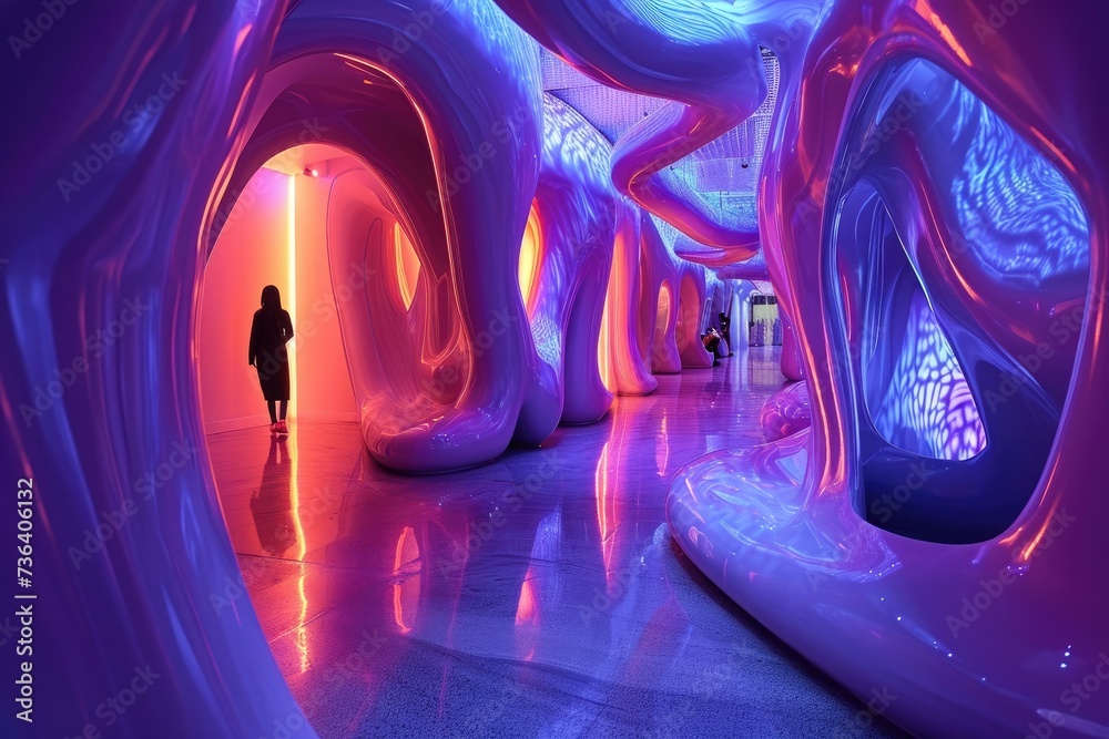 A person is seen walking through a well-lit tunnel in a modern building, An immersive space of energy-infused textures and forms invoking futuristic senses, AI Generated