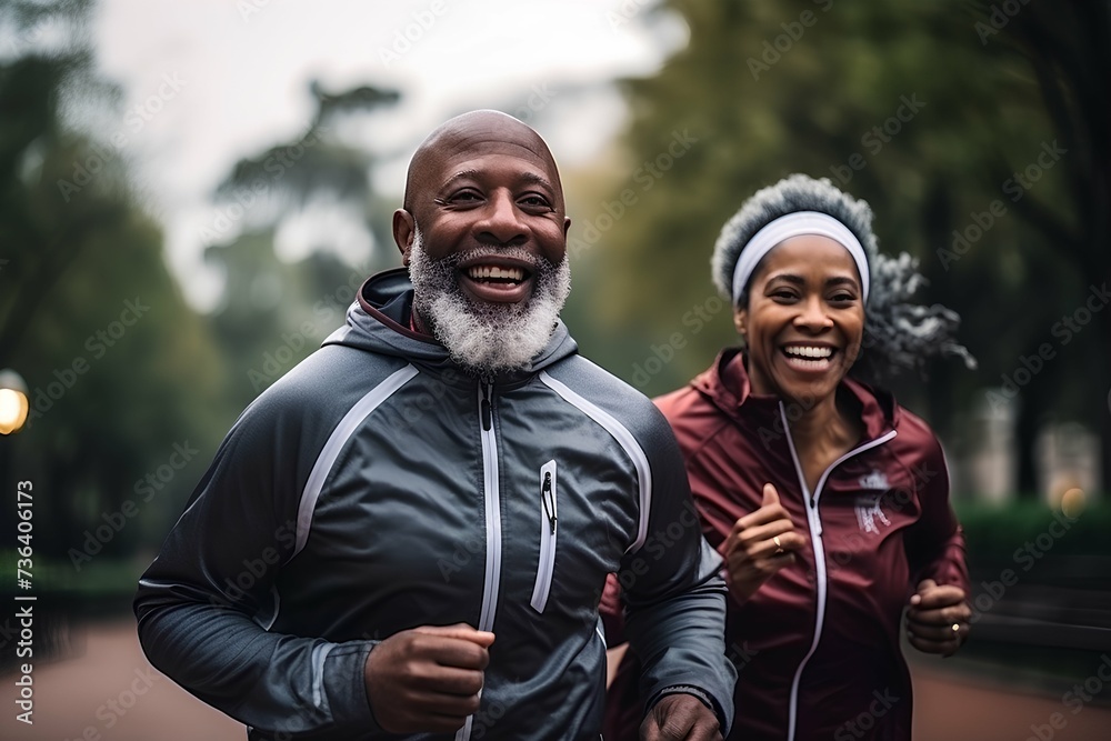 happy modern old black couple running in beautiful park