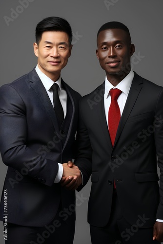 smiling black business man and asian business man shaking hands on grey background