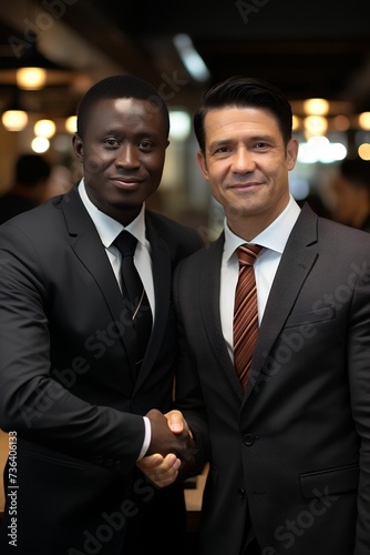 smiling black business man and white business man shaking hands on dark background