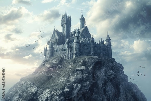 A majestic castle is situated atop a massive rock formation, creating a striking and commanding presence, An imposing Gothic fortress perched on a rocky outcrop, AI Generated