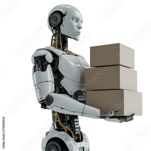 White humanoid robot holding several clean brown cardboard boxes isolated on transparent background