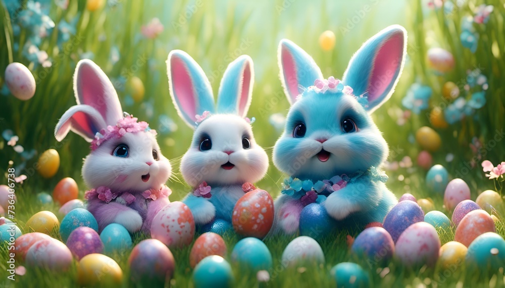Cute easter bunniesholding colored aggs, pastel colors, green grass background
