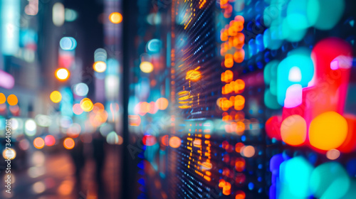 blurred view of a cityscape at night, showcasing the vibrant bokeh effect of city lights and possibly a digital stock market display.