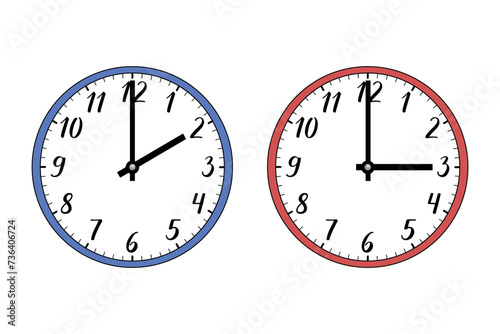 Illustration of two wall clocks on white. The blue one symbolizes winter, the red one summer. Symbol of time change. Moving the hands forward from 2:00 to 3:00. Standard time and daylight saving time.