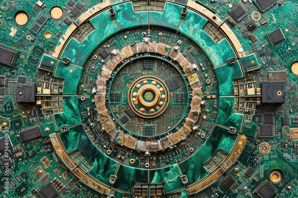 Close-Up View of a Computer Chip With Microscopic Circuits, An information technology-themed mandala depicting motifs of computer hardware, AI Generated