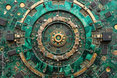 Close-Up View of a Computer Chip With Microscopic Circuits, An information technology-themed mandala depicting motifs of computer hardware, AI Generated