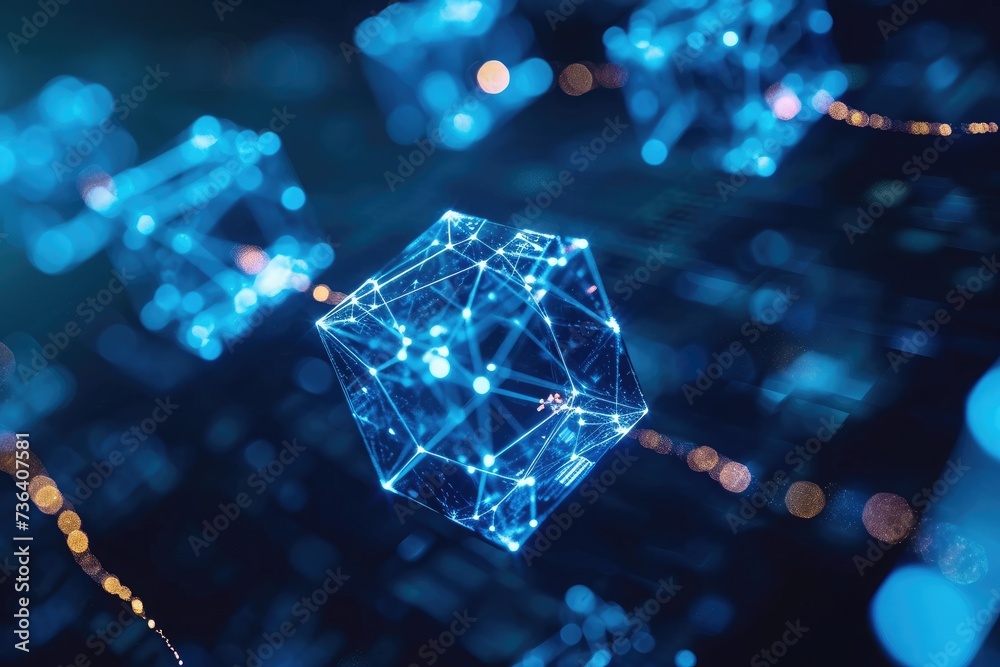Vibrant Blue and Black Background Illuminated by Numerous Lights, An interconnected network of computers transferring a digital currency known as blockchain, AI Generated Vibrant Blue and Black Background Illuminated by Numerous Lights, An interconnected network of computers transferring a digital currency known as blockchain, AI Generated