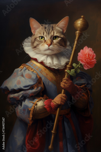 Portrait, Medieval cat, Feline, Funny, Reinassance, Middle Ages, Pet, Animal. PUSSYCAT BIJOU (MEDIEVAL PORTAIT). Wealthy cat dressed up in Medieval style. Floral decoration in his paw. Noble scepter. photo