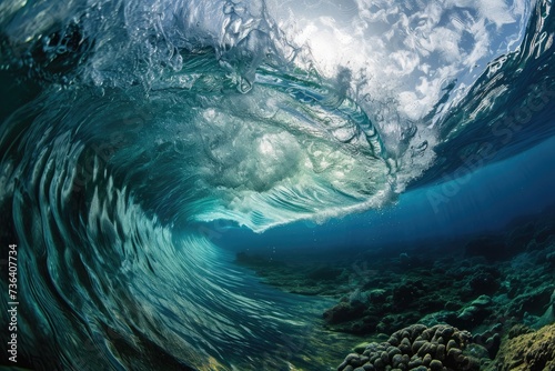 A massive wave with immense power and force surges towards the viewer in the middle of the vast ocean, An interesting perspective of under-the-wave shot with marine life, AI Generated