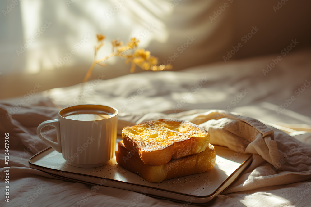 design for cafe ad, coffee and a french toast. restaurant or cafe menu. minimalistic. Pastry. white background. horizontal. fresh morning. copy space.  - obrazy, fototapety, plakaty 