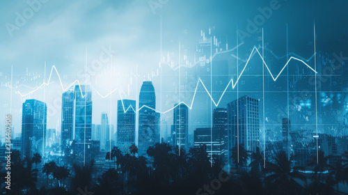 cityscape overlaid with a graphical representation of a stock market chart