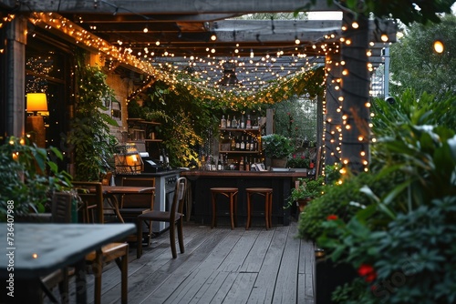 A patio filled with numerous thriving plants and adorned with twinkling lights, An intimate rooftop garden draped in twinkling fairy lights, AI Generated