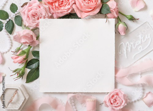 Blank card near pink roses, engagement ring and silk ribbons top view, wedding mockup