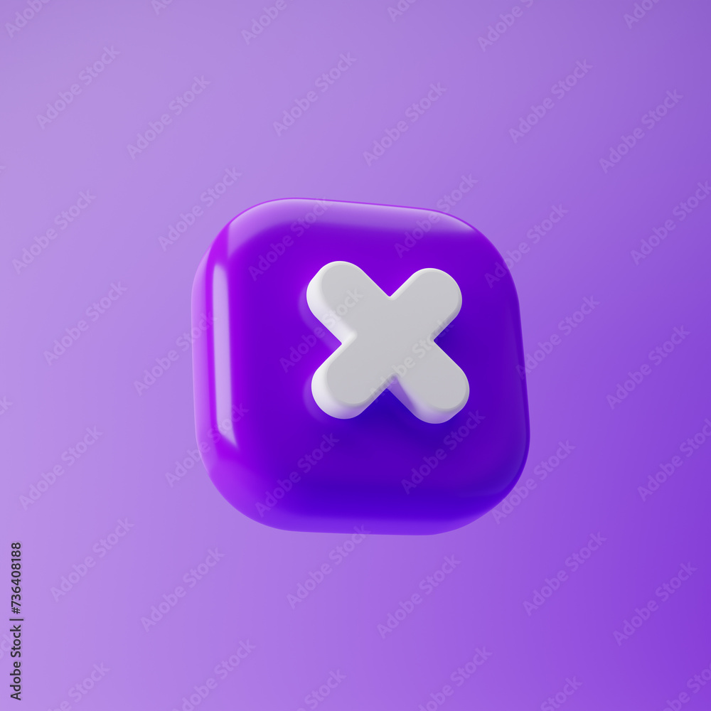 Obraz premium Cancel cross icon isolated over purple background. 3d rendering.