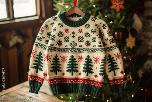 This photo captures an overwhelming display of ugliness, featuring numerous repetitive and unattractive elements, An intricately knitted Christmas sweater, AI Generated photo