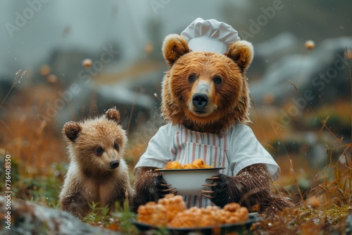 A furry kodiak bear donning a chef hat and apron serves up a delicious bowl of food amidst a picturesque outdoor setting, embodying the perfect balance of playful toy and majestic mammal photo