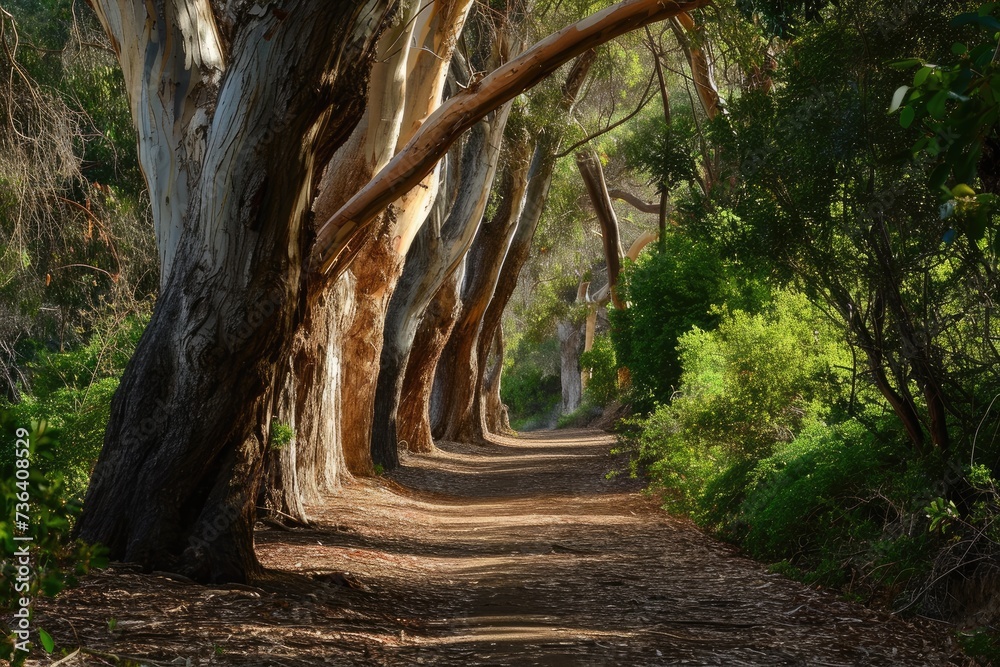 Obraz premium A dirt road winds its way through a lush forest with an abundance of trees and bushes, An inviting scenic trail under a canopy of whispering eucalyptus trees, AI Generated
