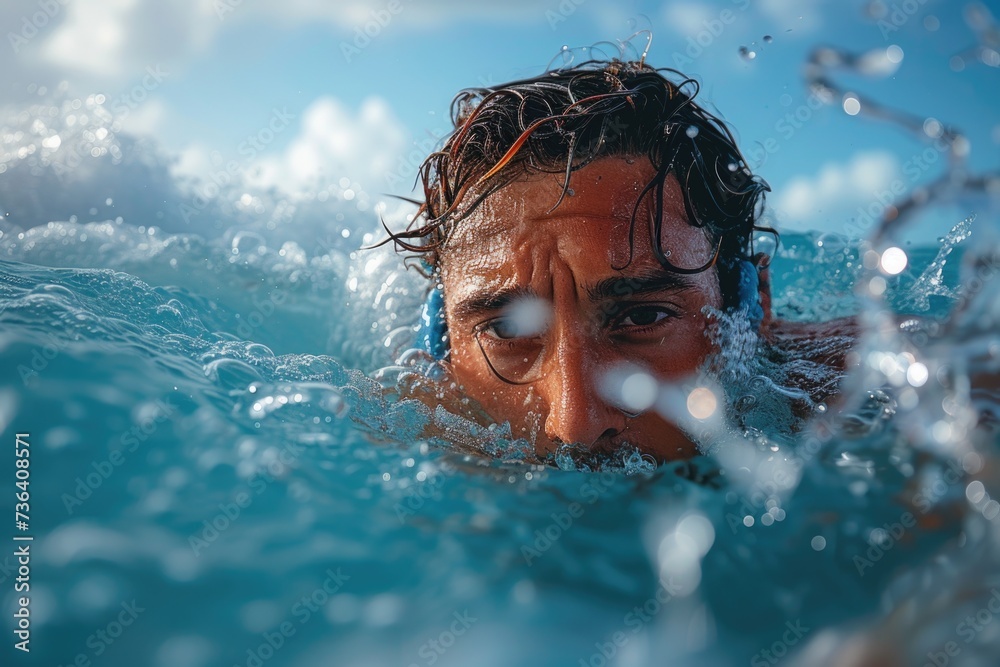 Close-up of a swimmer's face with water splashing, intense gaze, clear blue sea. Close-up of a swimmer's face with water splashing, intense gaze, clear blue sea.
