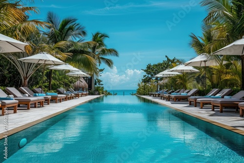 A Long Pool With Lounge Chairs and Umbrellas Next to It, An inviting turquoise swimming pool surrounded by lounge chairs and beach umbrellas, AI Generated