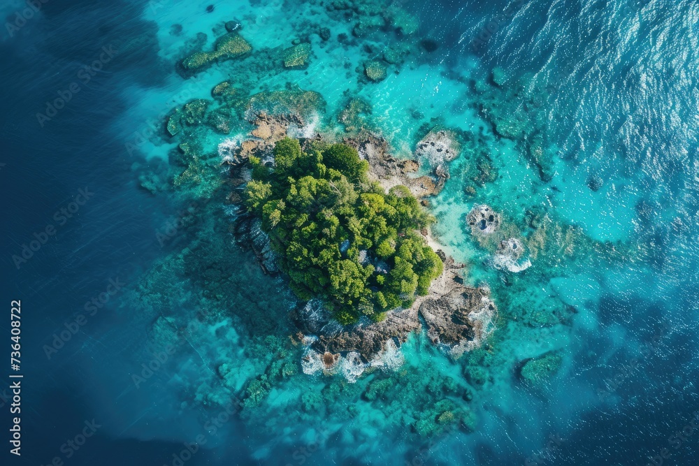 A small island covered in lush palm trees sits in the vast expanse of the ocean, An island surrounded by crystal blue waters viewed from above, AI Generated