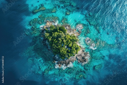 A small island covered in lush palm trees sits in the vast expanse of the ocean, An island surrounded by crystal blue waters viewed from above, AI Generated