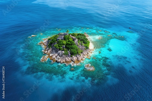 An image capturing a small, palm tree-covered island surrounded by vast ocean waters, An island surrounded by crystal blue waters viewed from above, AI Generated