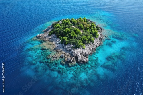 A small, palm tree-covered island sits peacefully in the vast expanse of the Pacific Ocean, An island surrounded by crystal blue waters viewed from above, AI Generated