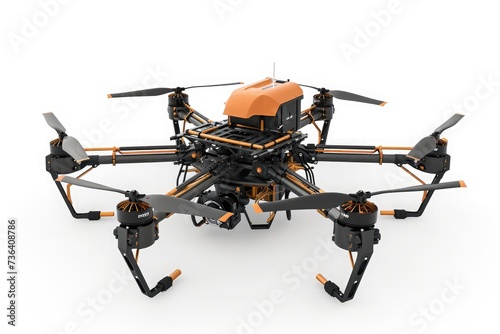 A small orange and black flying device rests on a plain white surface, An isolated image of a cutting-edge construction drone, AI Generated