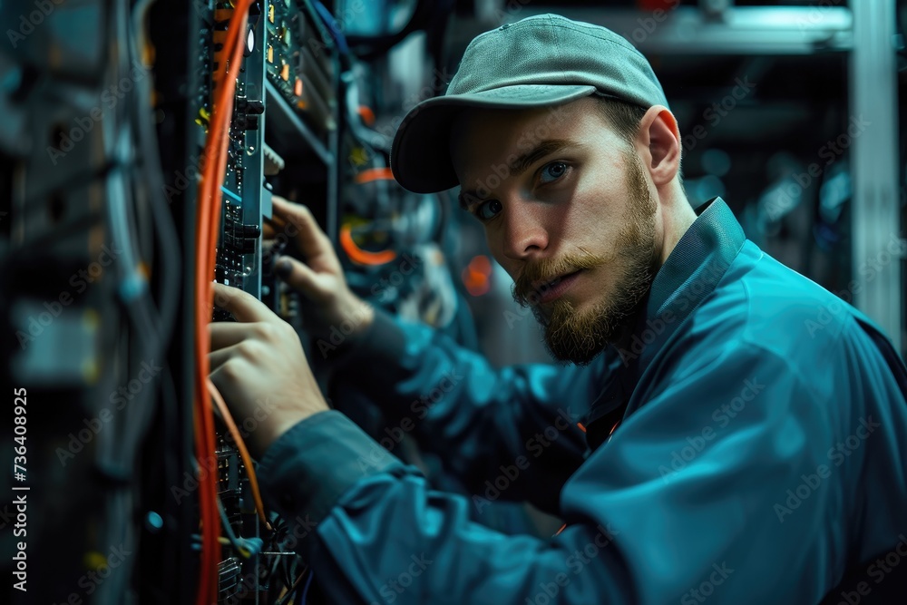 A man is seen actively working on a server in a server room, troubleshooting and maintaining the system, An IT professional repairing a supercomputer, AI Generated A man is seen actively working on a server in a server room, troubleshooting and maintaining the system, An IT professional repairing a supercomputer, AI Generated
